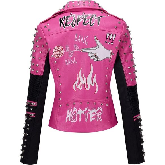 🆕 Women Pink Trendy Faux Leather Jacket Rivet Spring Fall WinterFashion Clothes - Picture 2 of 6